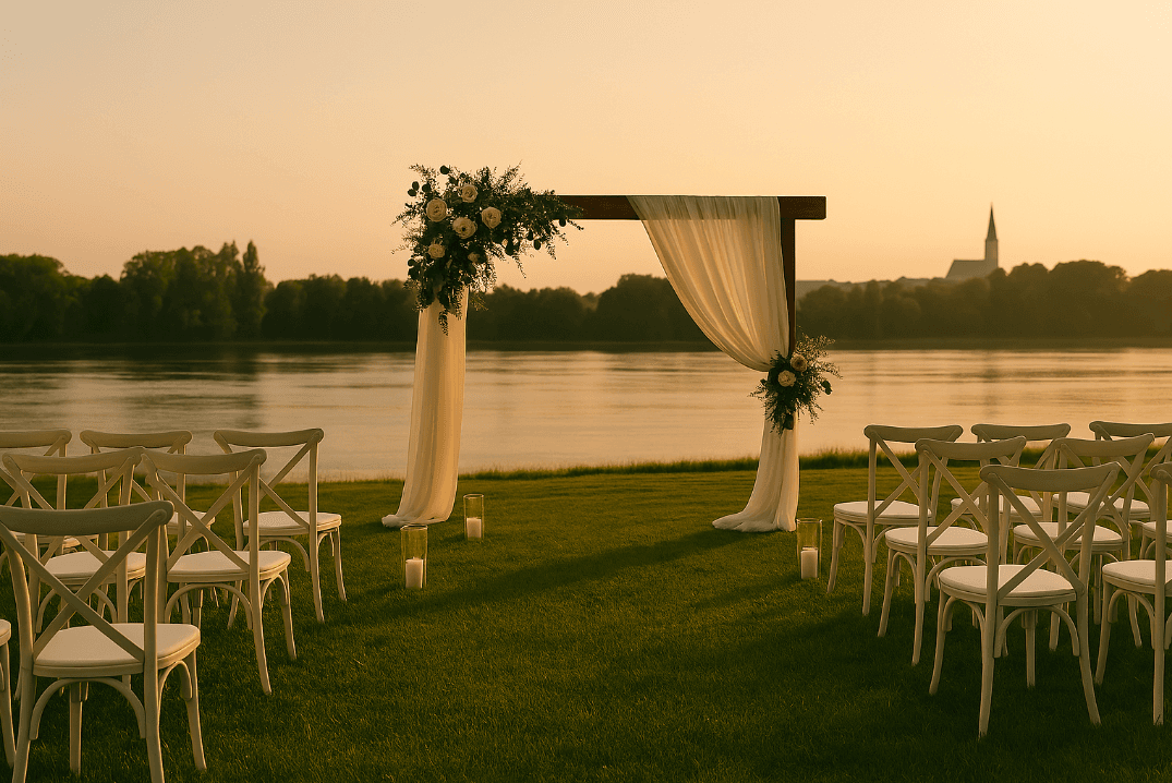 picture of wedding arch and chairs in from of river